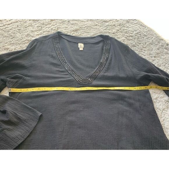 BADGLEY MISCHKA BLACK BEADED V NECK COTTON TUNIC SHIRT TOP BLOUSE vintage - Picture 5 of 8